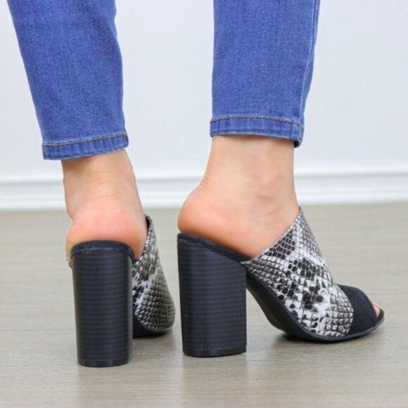 Snake Print Open Toe Slip on Chunky High Heel - Picture 7 of 8